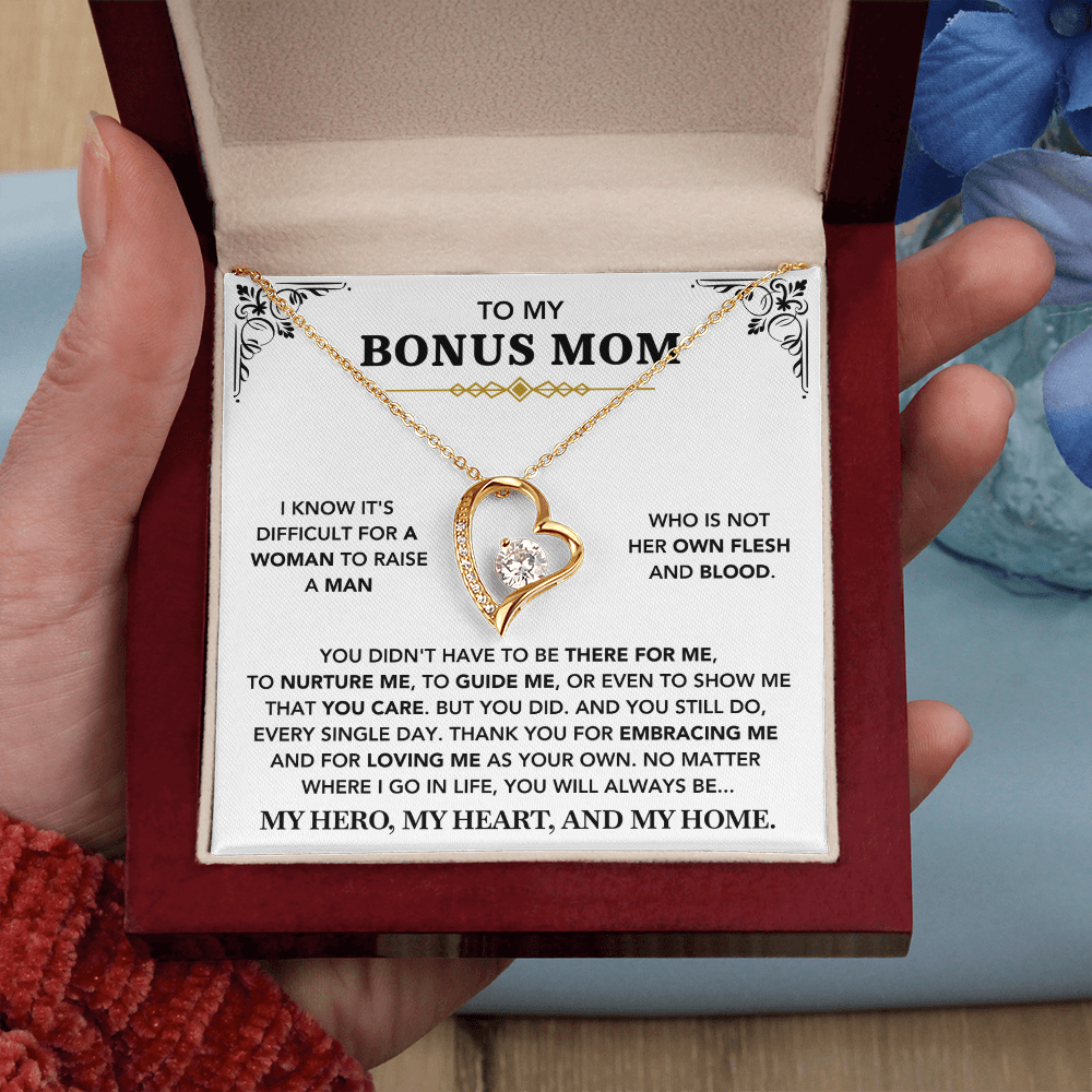 To My Bonus Mom - "My Hero, My Heart and My Home" Necklace