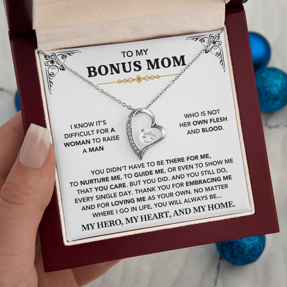 To My Bonus Mom - "My Hero, My Heart and My Home" Necklace