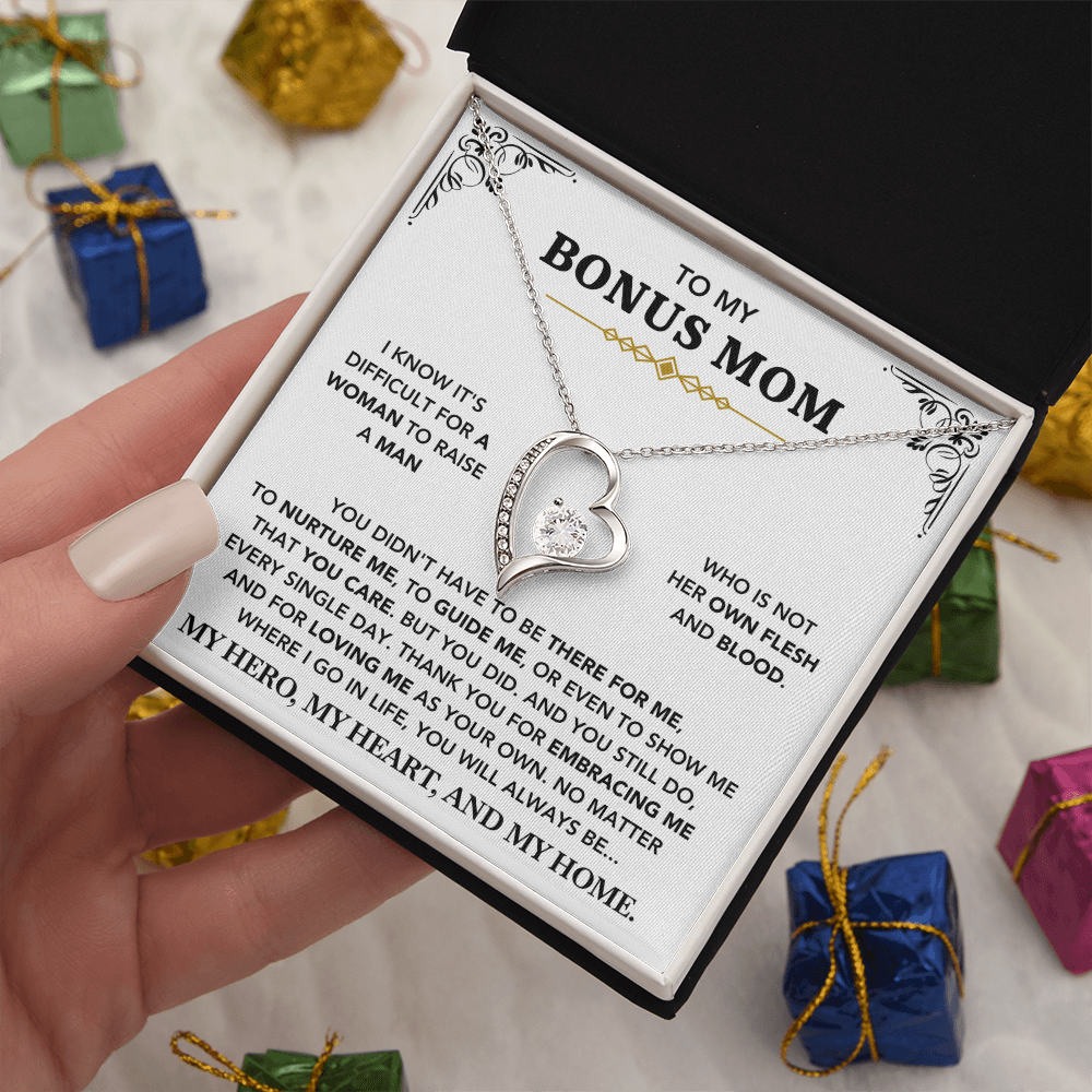 To My Bonus Mom - "My Hero, My Heart and My Home" Necklace