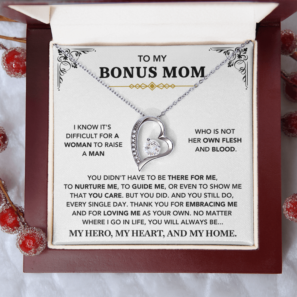 To My Bonus Mom - "My Hero, My Heart and My Home" Necklace