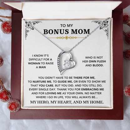 To My Bonus Mom - "My Hero, My Heart and My Home" Necklace