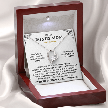 To My Bonus Mom - "My Hero, My Heart and My Home" Necklace