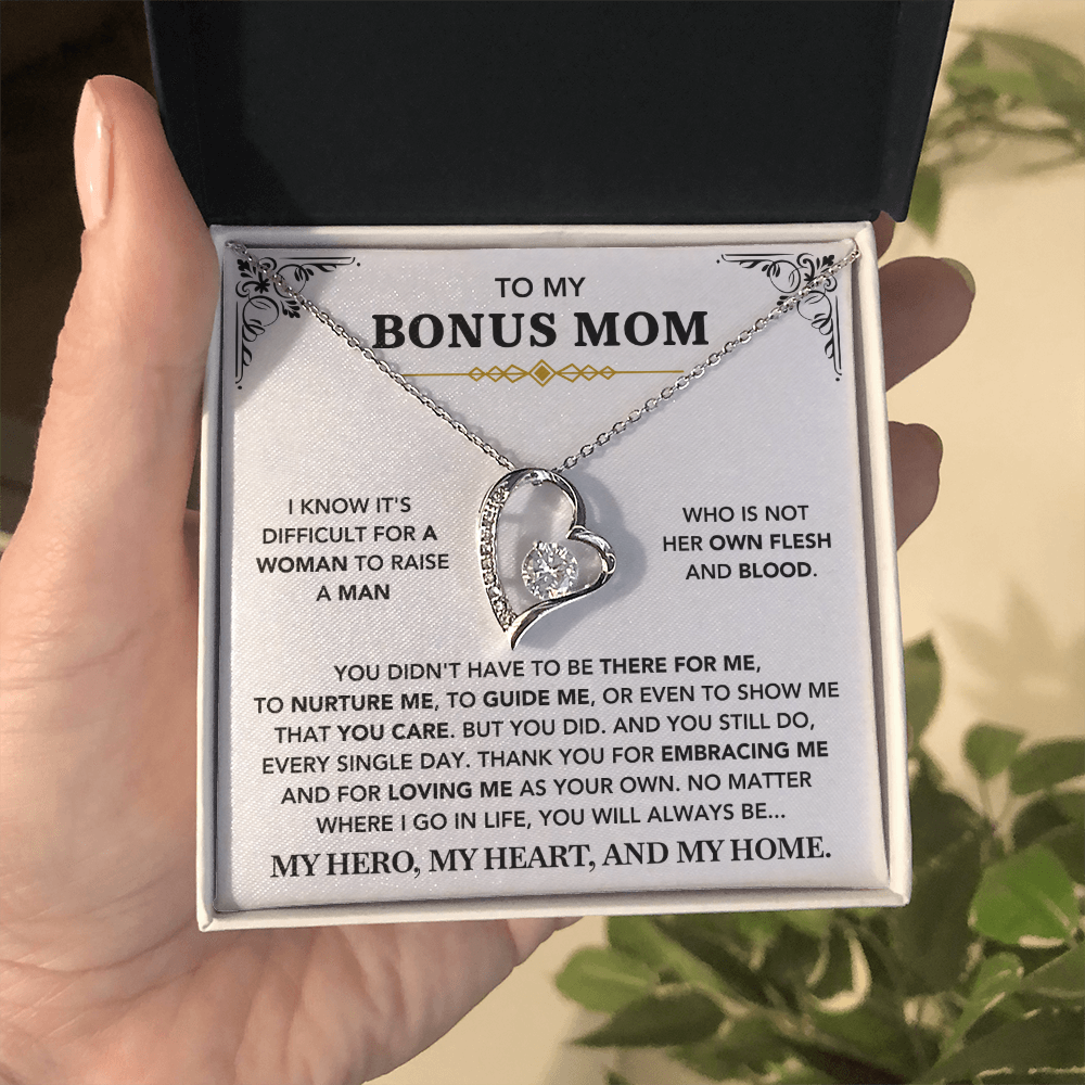 To My Bonus Mom - "My Hero, My Heart and My Home" Necklace