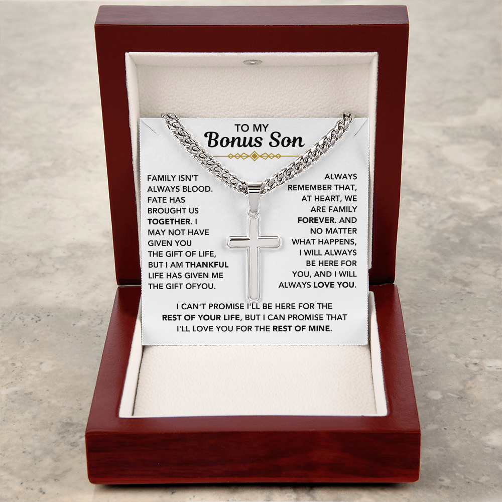 To My Bonus Son - "My Family Forever" Cross Cuban Chain