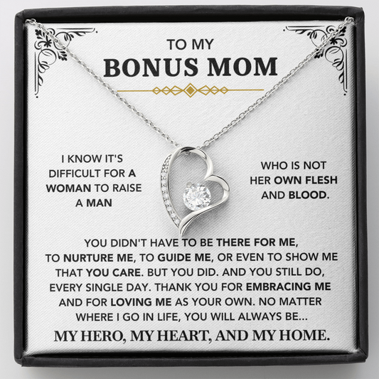 To My Bonus Mom - "My Hero, My Heart and My Home" Necklace