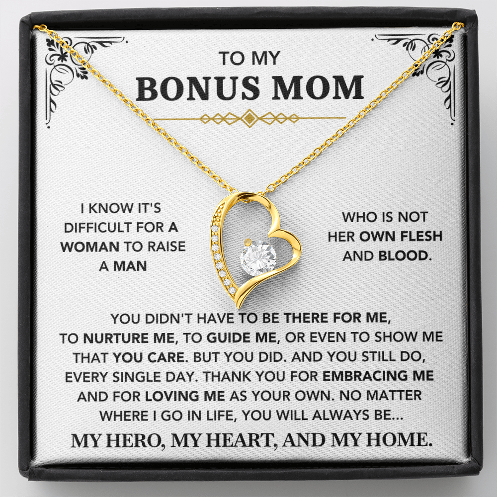 To My Bonus Mom - "My Hero, My Heart and My Home" Necklace